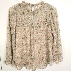 Monteau Top Womens Large Floral Foil Gold Shimmer Ruffle Chiffon Poet Sleeve